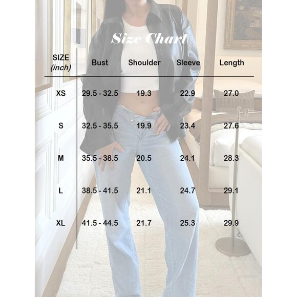 Women Black Button Down Shirt Long Sleeve Loose Light Coats Faux Leather Jacket - Picture 7 of 7